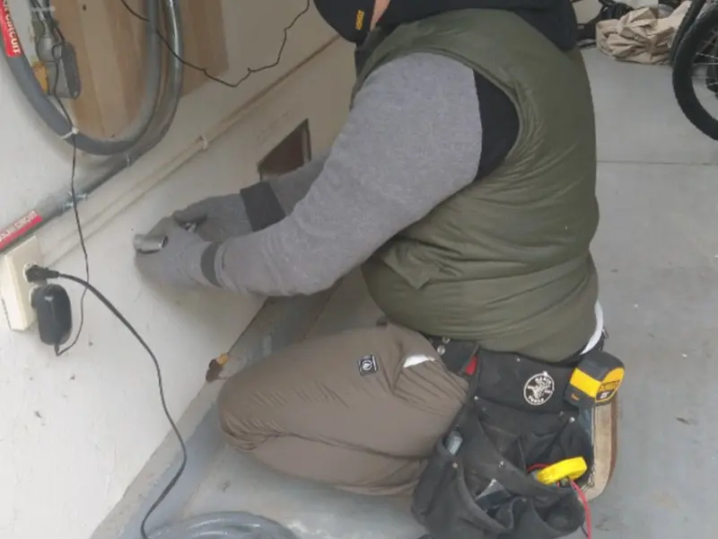 Electrician performing outlet wiring in a Morgan's Point Resort garage